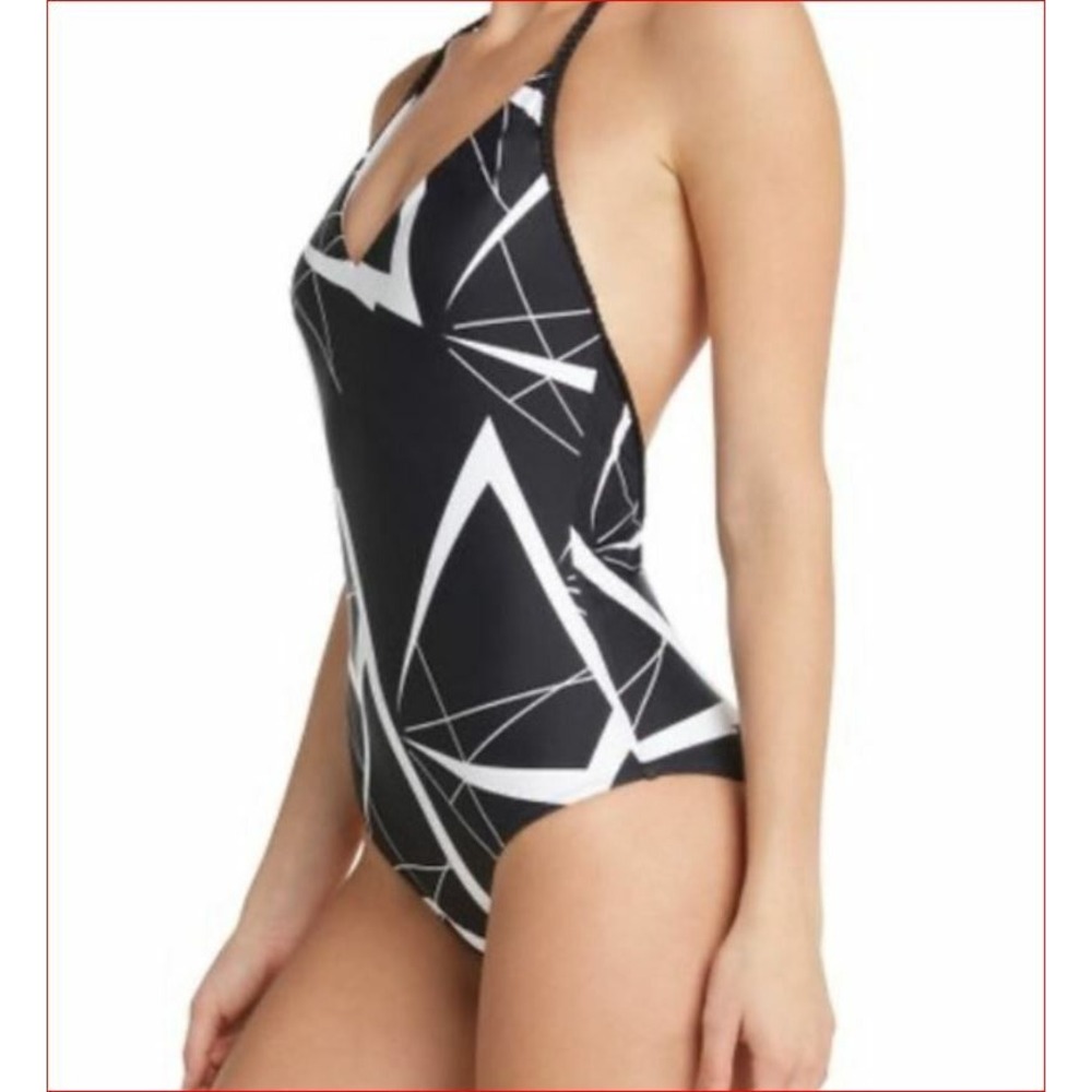2Chillies Women Swimwear Crackle V-Neck 1pc Swimsuit 2C011908 Black Large NEW